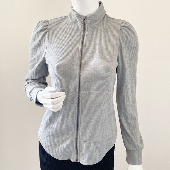 Chaser Sweaters - Chaser Brand Gray Thermal Waffle Knit Zip-up Puff Sleeve Sweatshirt Revolve